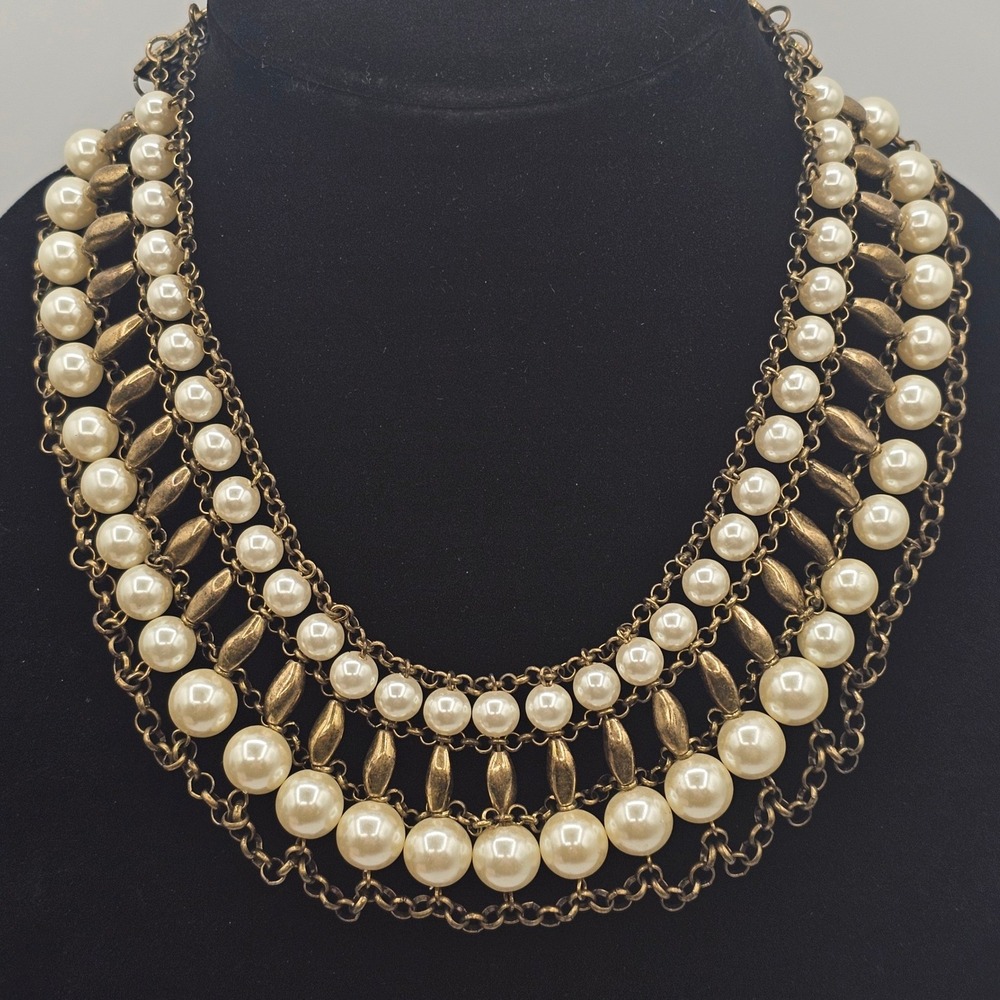 Victorian/Etruscan Revival Faux Pearl Festoon‎ Bib Necklace Antiqued Gold Tone